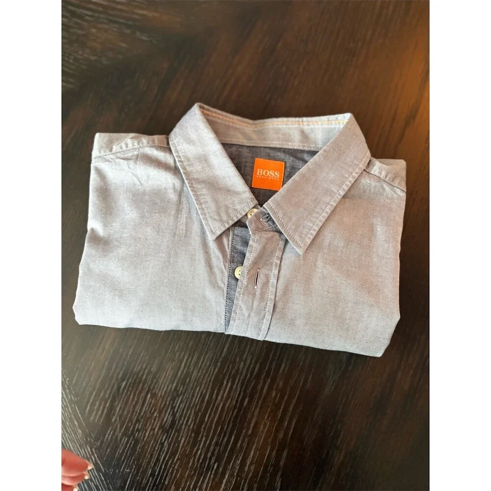 Hugo BOSS Orange Shirt Men's XL‎ Blue Solid Long Sleeve Button-Up Collared Logo